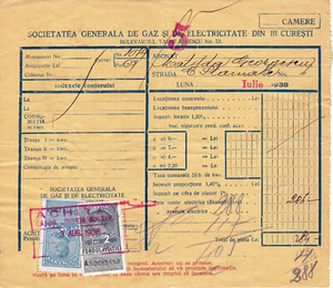 Rumania, 1938, Bucarest Gas & Electricity Company, factura/recibo - ingresos - Imagen 1 de 2