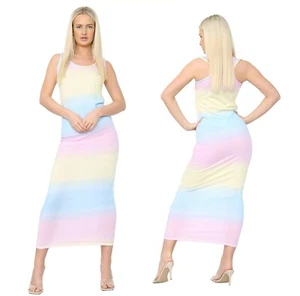 Neu Damen Frauen langes Maxikleid Stretch Jersey Regenbogen Racer Muskel Rücken Weste - Bild 1 von 3