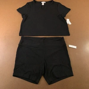 Feathers Women's 2X Black Rib Knit 2 Piece Short Sleeve Tee & Bike Short Set NWT - Picture 1 of 12