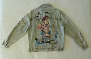 Chaqueta de camionero utilitaria de mezclilla envejecida pintada gráfica firmada por artista de ZARA para hombre L - Imagen 1 de 21