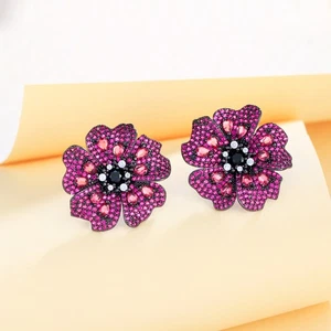 Beautiful Flower Stud Earrings Women Black Gold Plated CZ Zircon Wedding Jewelry - Bild 1 von 10