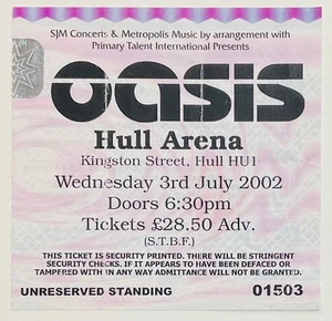 Biglietto concerto Oasis originale usato Hull Arena 3 luglio 2002 - Foto 1 di 1