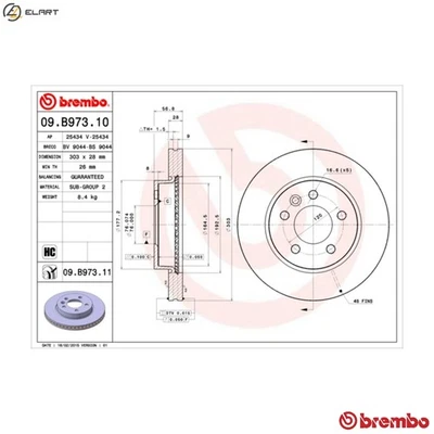 2x BRAKE DISC 09.B973.11 FOR VW CFPA 2.0L CNFB/CSHA/CNEA/CDCA/CNFA/CDBA 2.0L - Image 1 of 4
