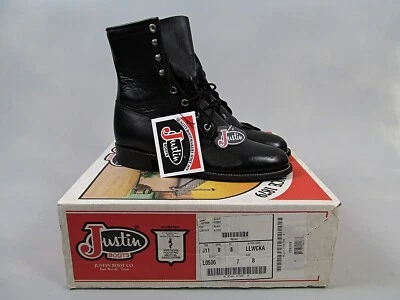 Justin Boots Womens 7 Black Leather Lace Up Kiltie Western Peasant L0506 New NOS - Image 1 of 4