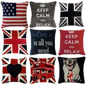 UNION JACK & Keep Calm Chenille Cushion Covers or Filled Cushions 18" / 45cm - Picture 1 of 9