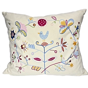 Ikea Pillow Alfhild Fagel Embroidered Bird Floral Cover 24"x20" Button Closure - Picture 1 of 11