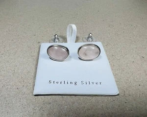 Vintage Estate Oval Sterling Silver Rose Quartz Cabochon Post Earrings 925 - Picture 1 of 4