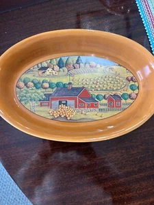 Vintage RUSS Handpainted Oval Casserole Baker Fall Pumpkin Folk Art Thanksgiving - Picture 1 of 6