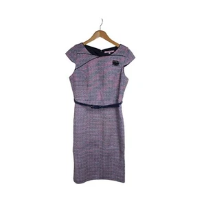 Review Boucle Pencil Midi Dress Size 12 Blue Pink Cap Sleeves Belted Corporate - Picture 1 of 11
