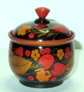 Russian Khokhloma Hand Painted Folk Art Wood Lacquer Sugar Bowl w/ Lid 3.5" - Picture 1 of 9