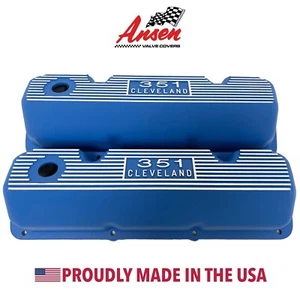 Ford 351 Cleveland BLUE Finned Valve Covers - Die-Cast Logo - Ansen USA - Picture 1 of 10