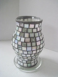 STAINED GLASS HURRICANE CANDLE LAMP SHADE SILVER PINK LAVENDER WHITE WITH BASE - Picture 1 of 10