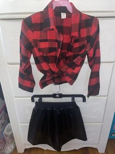 Combo Shirt and faux Leather Skirt Set Girl's Red & Black - Picture 1 of 7