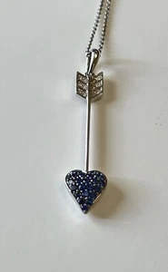 18ct White Gold Cupids Pendant Blue Sapphire & Diamond Cupids Heart Arrow - Picture 1 of 16