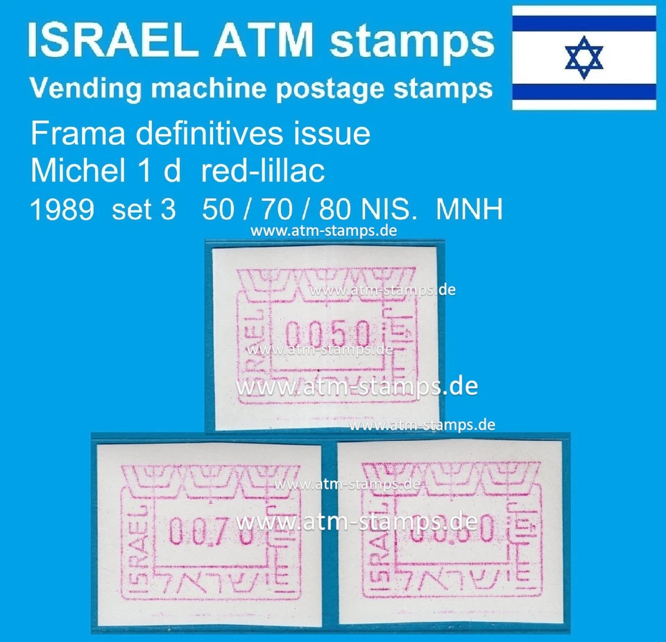 Sellos de cajero automático de Israel 1989 / Michel 1 / juego 3 / 50/70/80 MNH / Frama Klussendorf CVP Foto 1 de 1