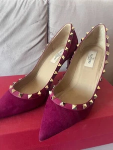 VALENTINO GARAVANI Rockstud Pumps Velours Red Size 38 Made In ITALY Auth - Picture 1 of 5