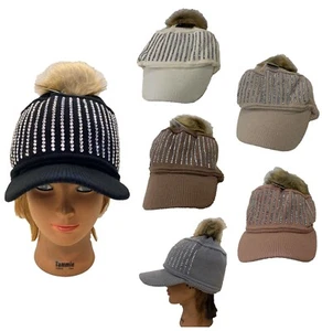 Women Winter Knit Rhinestone Bling Bling Cap Beanie Ski Visor Faux Fur knit Cap - Picture 1 of 11