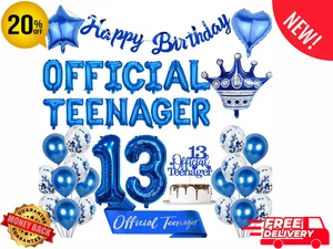 13th Birthday Decorations for Boys Blue Silver Official Teenager Balloons Banne - Picture 1 of 7