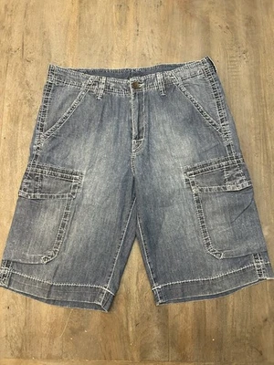 True Religion Cargo Denim Shorts Men’s 34 Blue Jean Utility Pockets Distressed - Image 1 of 4