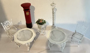Vintage Dolls House 1.12 Wire Filigree Table & Chairs & Postbox Garden Furniture - Picture 1 of 9