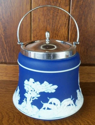 BISCUIT BARREL & LID Cream Color on Wedgwood Blue Jasperware by Wedgwood - Image 1 of 4