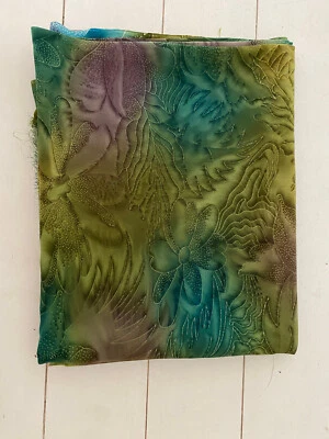 Sheer luminous fabric gold, turquoise, green, purple floral print 44 "x 1.5 yds - Image 1 of 4