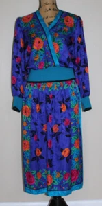 Vintage Lauren Alexandra 2 Stück Seide Blumen Midi Rock Bluse Set Damen S - Bild 1 von 16