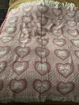 Vintage Algodón Jacquard Afghan Throw Rosa Blanco Cottagecore Farmcore Grannycore Foto 1 de 4