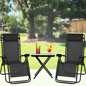 3 Piece Zero Gravity Reclining Garden Patio Deck Chair Sun Lounger & Table Set - Picture 1 of 15
