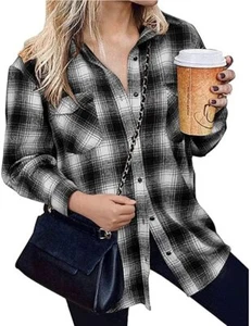 Women's Casual Plaid Flannel Lightweight Button Down Long Sleeve Shirt Jacket Bk - Picture 1 of 8