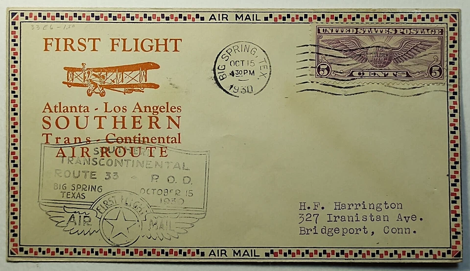 1930 First  Flight Southern Trans-Continental Big Springs TX - Bridgeport CT C12 - Image 1 of 2