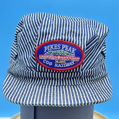 Vintage PIKES PEAK COG Railway Logo Patch Striped Snapback Trucker Train Cap Hat Foto 1 de 4