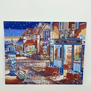 Completed Paint by Number Street Cafe Flower Stand Produce Stone Street at Night - Picture 1 of 8