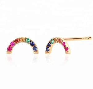 Brilliant Lab-Created Multi Color Gemstones & 10K Rose Gold Rainbow Stud Earring - Picture 1 of 3