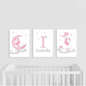 Unicorn Nursery Prints, Set of 3, Pink, Baby Girl, Personalised Name, Playroom - Picture 1 of 5
