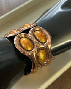 RARE MCM SIGNED MATISSE/RENOIR COPPER & ENAMEL HINGED CUFF BRACELET Yellow Stone - Picture 1 of 10