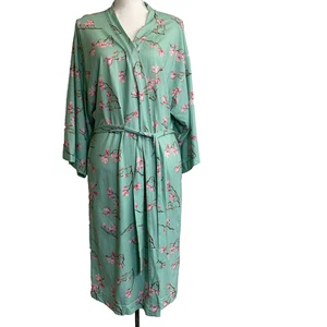 Garnet Hill Asian Wrap kimono Robe Small Green Floral Organic Cotton 3/4 Sleeves - Picture 1 of 13
