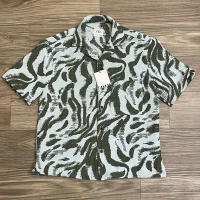 Zara Man Green Woven Patterned Button Up Casual Shirt sz S Maximalist City - Image 1 of 4