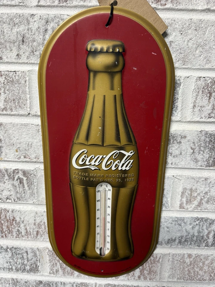 Vintage  Coca Cola Coke Red Gold Thermometer  Christmas Bottle WORKS - Image 1 of 4