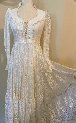 Gunne Sax Jessica McClintock Blanco Vestido de Boda Encaje Cuentas Enagua Victoriano Foto 1 de 4