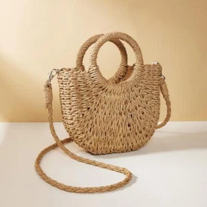 Handwoven Rattan Half-moon Bag – Summer Straw Crossbody Beach Shoulder Purse - Picture 1 of 26