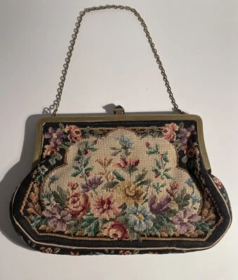 Vintage Lady’s Evening Bag & Mirror Hand Embroidered Metal Chain And Frame - Image 1 of 4