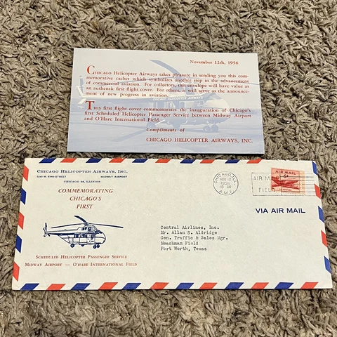 RARE 1956 CHICAGO HELICOPTER AIRWAYS FIRST FLIGHT COVER O'HARE WITH INSERT Cover