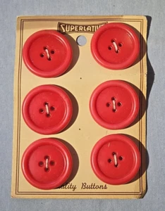 (6) Vintage Superlative Red Plastic Buttons On Card Unused NOS Round 1 1/8" - Picture 1 of 3