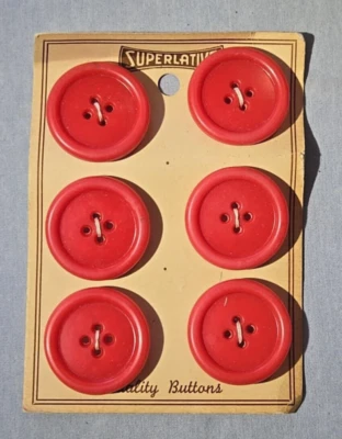 (6) Vintage Superlative Red Plastic Buttons On Card Unused NOS Round 1 1/8" - Image 1 of 3