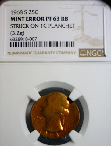 1968s ERROR NGC PR63 Off Metal Washington Quarter on Cent RARE PROOF Coin  NR Cover