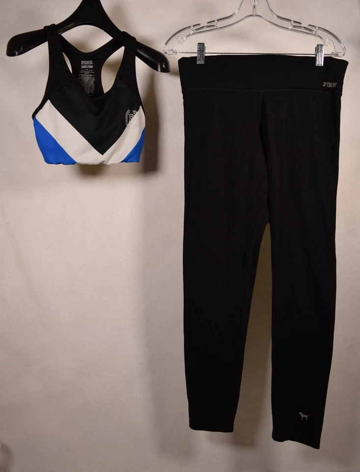 粉红色维多利亚的秘密女式瑜伽裤上衣蓝色白色条纹文胸套装黑色 M — 第 1/4 张图片