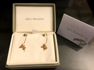 Alex Monroe GOLD HOOP EARRINGS with ruby and clover CHARM dangle GIFT NEW in BOX - Picture 1 of 8