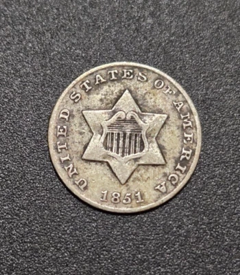 1851 RPD Repunched Date FS-302 FS-001.5 US 3 CENT SILVER PIECE TRIME XF H54 - Image 1 of 4