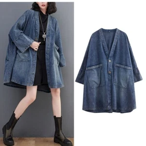Lady V-neck Trench Coat Jacket Jean Denim Pocket Button Mid-length Oversize Coat - Picture 1 of 12